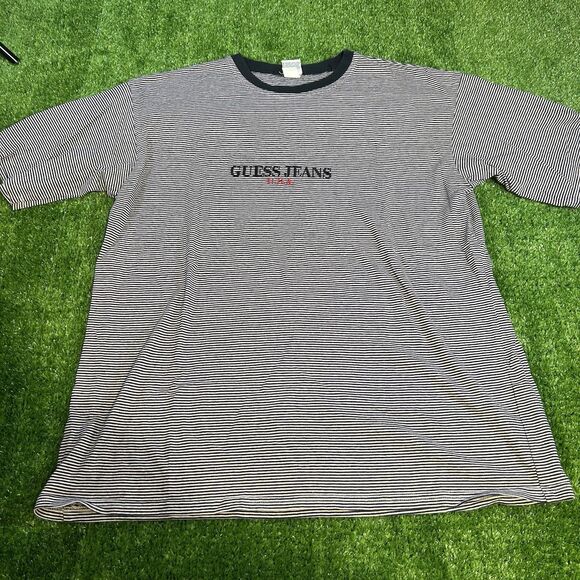 Vintage Guess Jeans USA Black/White Striped Short Sleeve T-Shirt Men’s Size XL - Picture 1 of 7